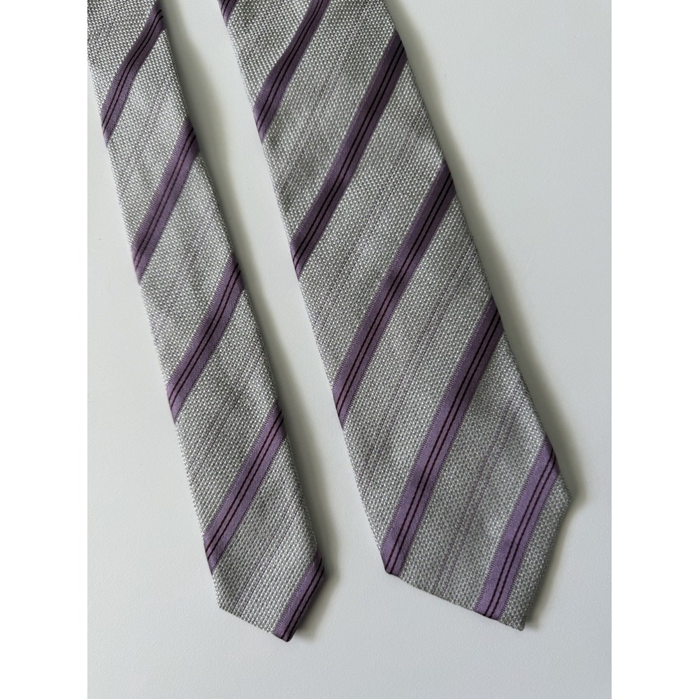 Pal Zileri Sartoriale Silver Purple Woven Stripe Long Skinny 100% Silk Tie Italy